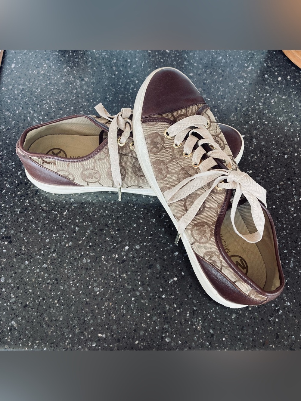 Michael Kors Beige & Brown Logo Lace-Up Sneakers with Leather Trim
